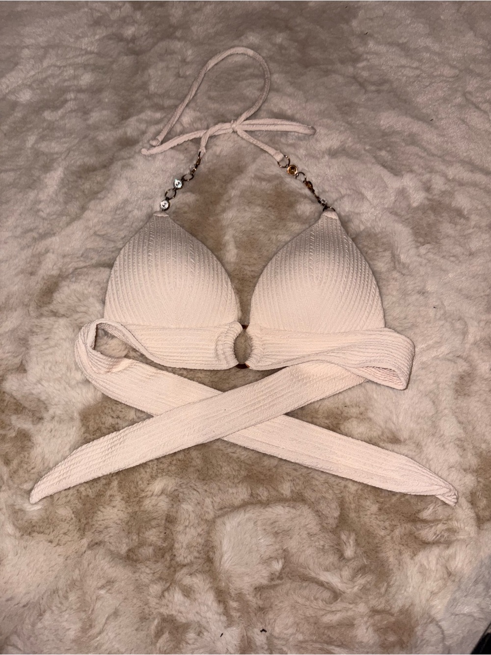 SHEIN Cream Ribbed Halter Bikini Top